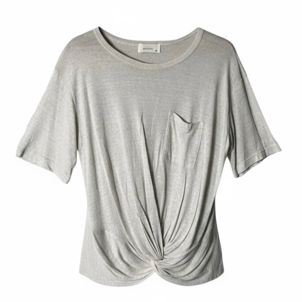 Happy Days Linen Blend Top Size Large Chest Pocket Oatmeal Beige Cinched Ruched